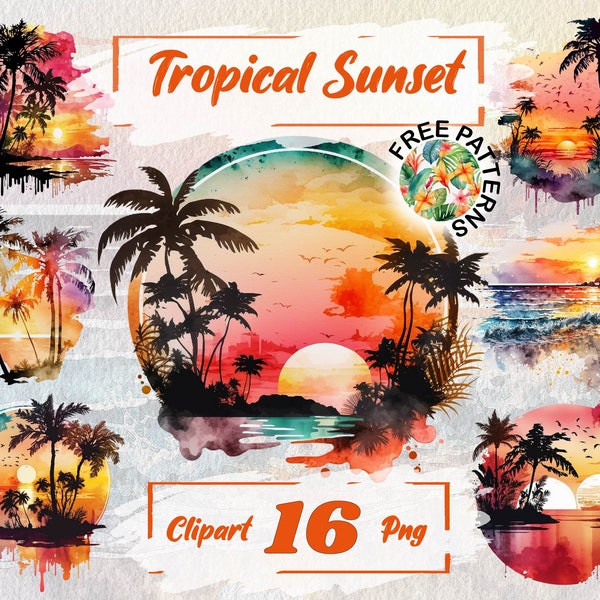 Watercolor Tropical Sunsets Clipart Tropical Clipart Summer Clipart Beach Landscape Summer PNG Bundle Free Commercial Use,Palm Tree 112