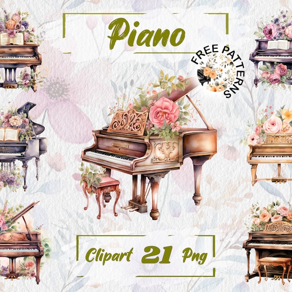 Watercolor Piano Clipart Piano PNG Bundle Musical Instrument Clipart Retro Piano PNG Free Commercial Use Scrapbooking, Junk journal 338