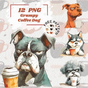 Grumpy Coffee Dog Clipart, Dog Images, Coffee Mug Print, Transparent Images, Cartoon Pet prints, Funny Dog Printables, Funny Animals 1063