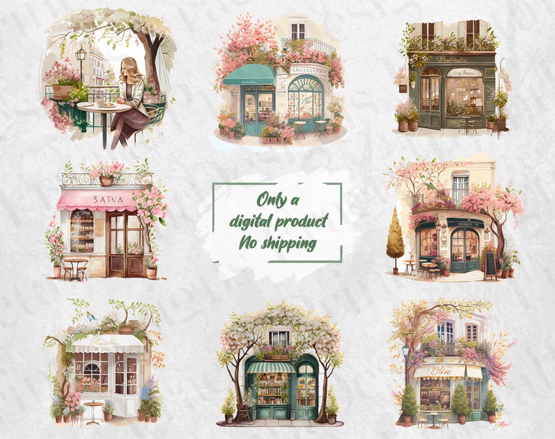 Romantic Café Watercolor Clipart Cozy Café Bundle PNG Café Interior ...