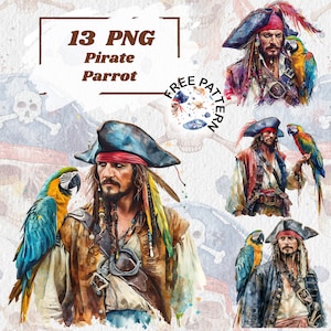 Watercolor Pirate Clipart, Pirate and Parrot, Printable Watercolor clipart, High Quality PNG, Digital download, Pirate Graphics 1128