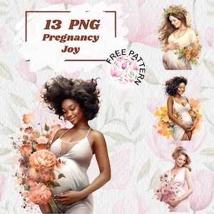 Pregnant Woman Clipart, Baby Shower Clipart Bundle, Maternity Clipart, Pregnancy Illustrations, Pregnant Mom PNG, Black Woman Clipart 1064