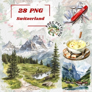 Watercolor Switzerland PNG ClipArt Bundle, Swiss Alps Adventure, Chocolate and Cheese Delights, Zurich Cityscapes, Lucerne Lake Views 1100