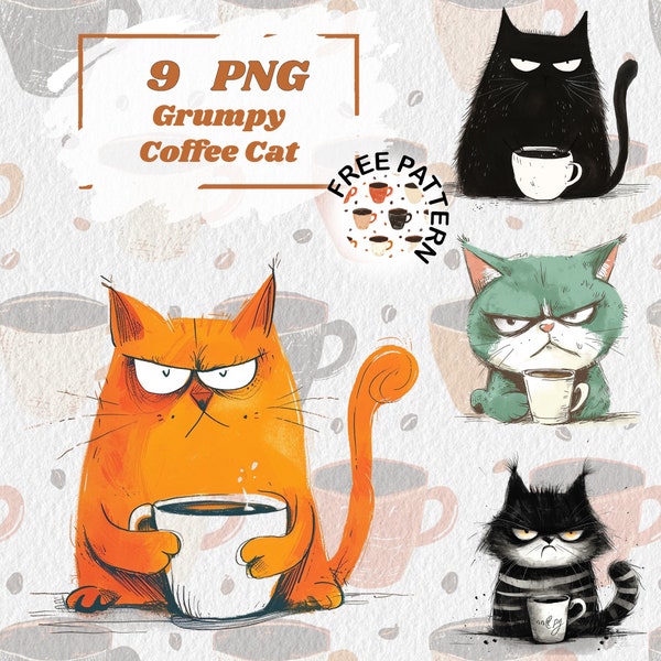 Grumpy Coffee Cat Clipart, Cat Images, Coffee Mug Print, Transparent Images, Cartoon Pet prints, Funny Cat Printables, Funny Animals 1062