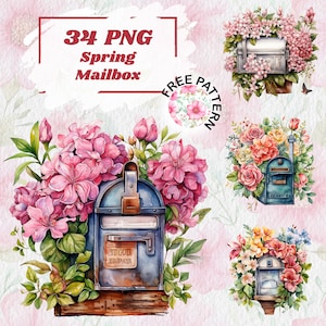 Mailboxes Watercolor Clipart Bundle, PNG Mailbox Images, Charming Postage Mail Floral Graphics,Instant Digital Download Spring Clipart 896