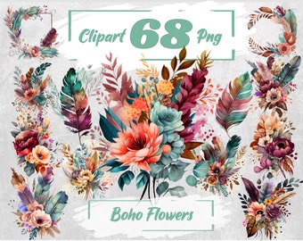 Boho Flowers PNG Watercolor Floral Clipart Bouquets Elegant Boho Flower Watercolor Flower Clipart Elegant Wedding Bohemian Flower 30