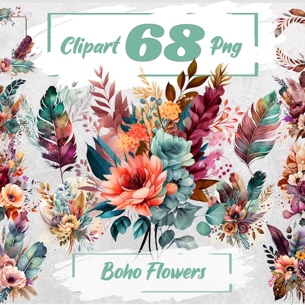 Boho Flowers PNG Watercolor Floral Clipart Bouquets Elegant Boho Flower Watercolor Flower Clipart Elegant Wedding Bohemian Flower 30
