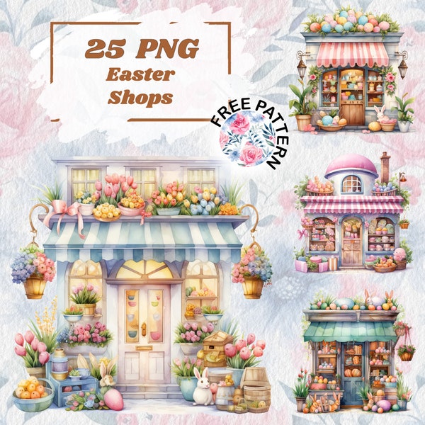 Fantasy Easter Shop Clipart,Watercolor Effect Easter Print,Easter PNG,Cute Easter Bunny Art, Digital Download,Colored Spring Scene 1042