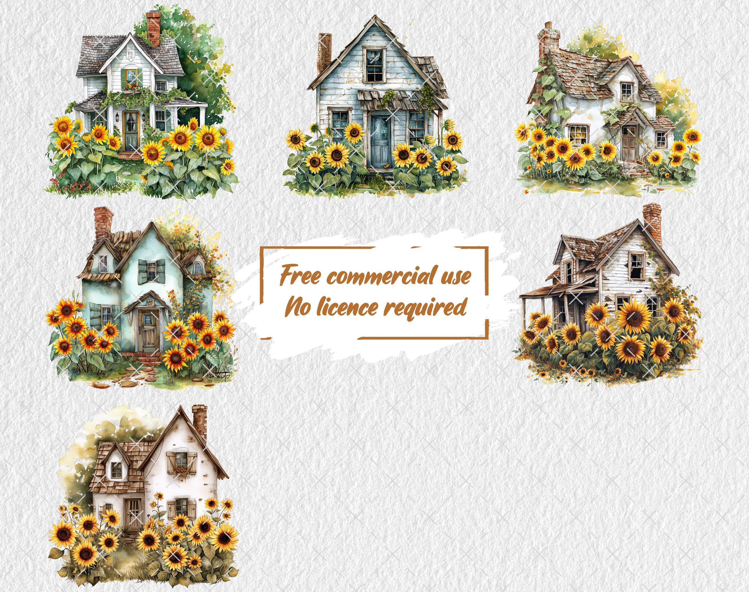 Sunflower Cottage Clipart, Sunflowers PNG, Cardmaking Scrapbooking ...