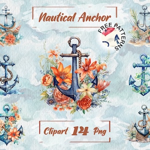 Watercolor Nautical Anchor Clipart Marine Clipart Anchor PNG Watercolor Nautical Clipart Boats Clipart Free Commercial Use, Floral 175