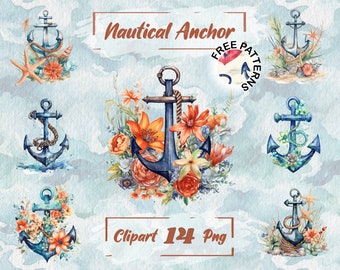 Aquarelle nautique ancre Clipart Marine Clipart ancre PNG aquarelle nautique Clipart bateaux Clipart gratuit usage Commercial, Floral 175