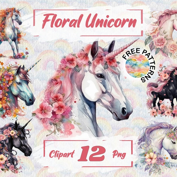 Floral Unicorn Watercolor Clipart, Unicorns PNG Bundle Magic Unicorn Graphics Free Commercial Use Instant Download Cute Nursery Graphics 121