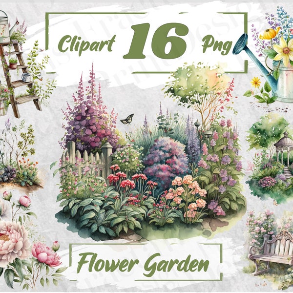 Jardin de fleurs PNG Bundle Clipart aquarelle de printemps Jardin magique PNG Bundle de jardinage Clipart floral gratuit à usage commercial, 59,6