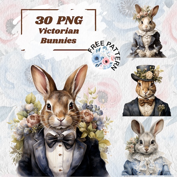 Paquete de imágenes prediseñadas de conejito victoriano de acuarela, imágenes prediseñadas para uso comercial Conejitos PNG transparentes con ropa Clipart estilo victoriano 1050