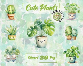 Watercolor Cute Plants Kawaii Plants Kawaii Clipart Watercolor Cute Cactus Cute Clipart PNG Free Commercial Use Scrapbooking PNG 300