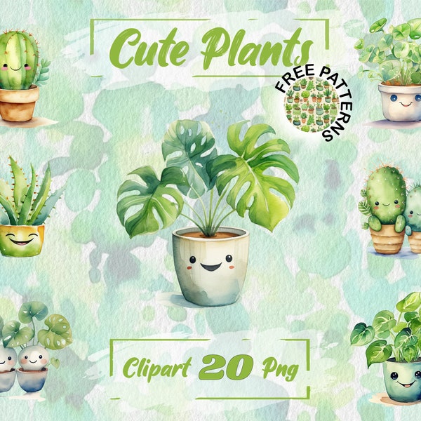 Watercolor Cute Plants Kawaii Plants Kawaii Clipart Watercolor Cute Cactus Cute Clipart PNG Free Commercial Use, Scrapbooking PNG 300