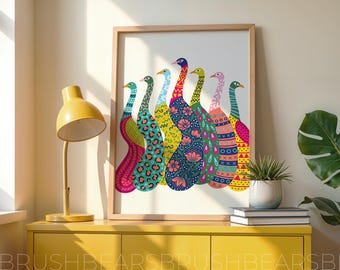 Påfågel, folkkonst, mexikansk konsttryck, färgglad fågelmålning, boho, väggdekor, naturälskare, present, direktnedladdning, eklektiskt tryck, A4