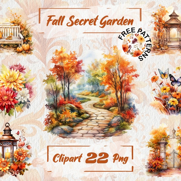 Watercolor Fall Garden Clipart Secret Garden Clipart Autumn Leaves PNG Magical Garden Clipart Fall Pumpkins PNG Free Commercial Use 417