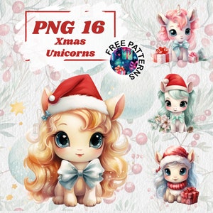 Christmas Unicorns Clipart, Watercolor Christmas, Cute Unicorn PNG, Santa Hat Unicorn, Unicorn Clipart, Christmas Decor PNG, Xmas Card 816