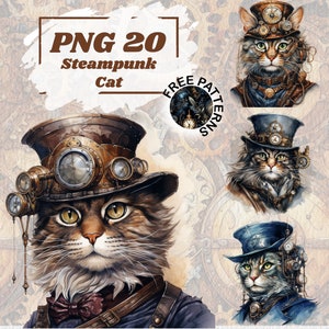 Steampunk Cat Bundle, PNG Steampunk Clipart, Junk Journal, Scrapbooking, Chaton mécanique, Clipart Bundle, Téléchargement instantané 1004