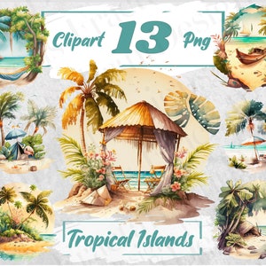 Tropical Beach Landscapes Watercolor Tropical Clipart Tropical Scenes PNG Digital Papers Summer Watercolor Clipart Beach Clipart 87