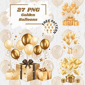Gouden ballonnen Clipart PNG, transparante achtergrond, elegante ballonafbeeldingen, feestdecor, digitale download 1360