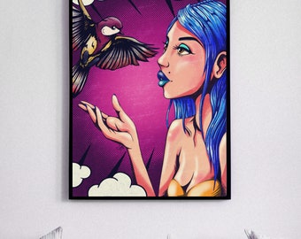 Digital Download, Woman and Bird Pop Art Digital Art Print