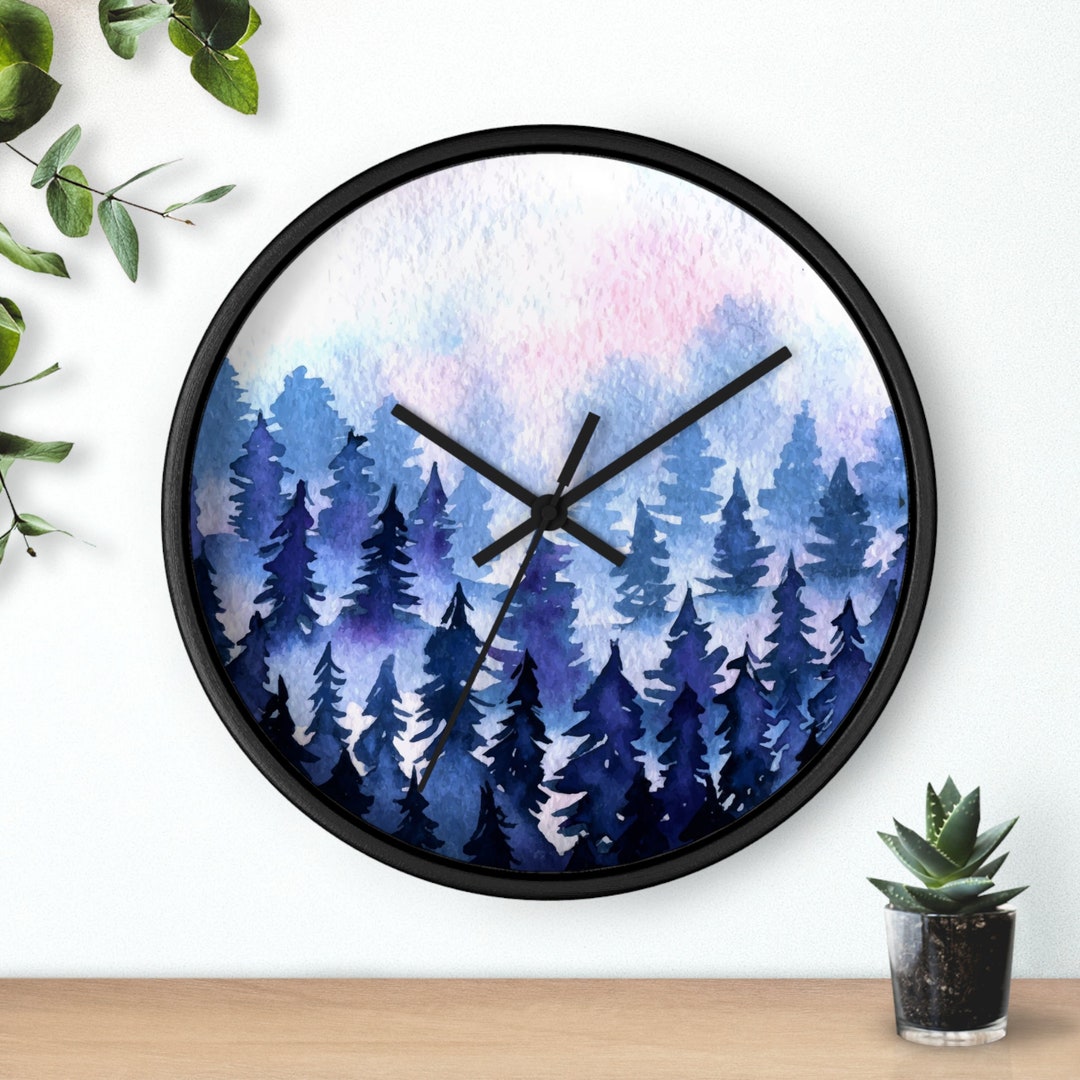 Watercolor Pine Trees and Mountains Wall Clock With Numbers, Foggy