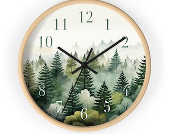 Watercolor Pine Trees and Mountains Wall Clock With Numbers, Foggy Forest Clock, Forest Wall Art, Woodland Theme Decor