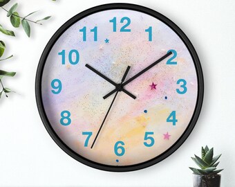 Pink Glitter Wall Clock with White Numbers, Pastel Colors Wall Clock, Minimalist Wall Clock, Scandinavian Wall Clock, Wooden Frame Clock