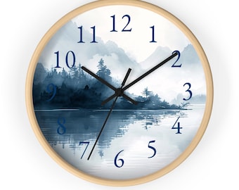 Watercolor Pine Trees and Mountains Wall Clock With Numbers, Foggy Forest Clock, Forest Wall Art, Woodland Theme Decor