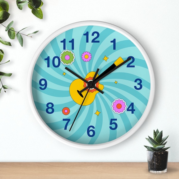 Retro Print Guitar Wall clock, 60s hippie funky flower wall art, Happy housewarming hanging clock gift, 70s Hippie flower Boy Guitar Clock