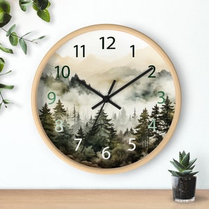 Watercolor Pine Trees and Mountains Wall Clock With Numbers, Foggy Forest Clock, Forest Wall Art, Woodland Theme Decor image 9