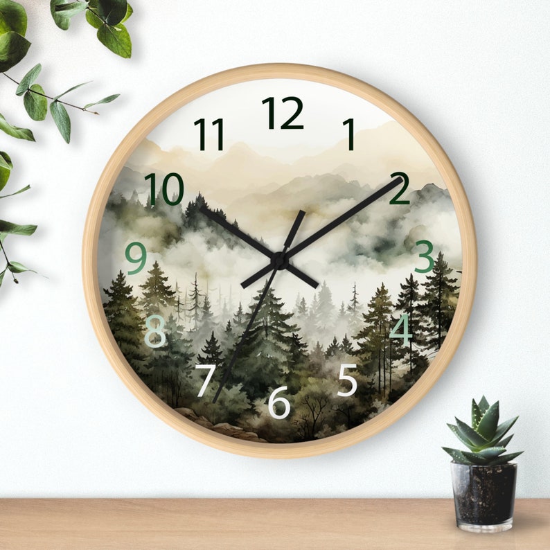 Watercolor Pine Trees and Mountains Wall Clock With Numbers, Foggy Forest Clock, Forest Wall Art, Woodland Theme Decor image 9