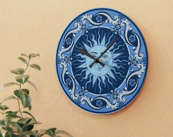 Silent Boho Acrylic Wall Clock | Boho Aesthetic Minimal Clock | Cozy Sun Wall Decor for Bedroom, Dorm, Kids Playroom, Baby Nursery