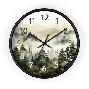 Watercolor Pine Trees and Mountains Wall Clock With Numbers, Foggy Forest Clock, Forest Wall Art, Woodland Theme Decor image 2