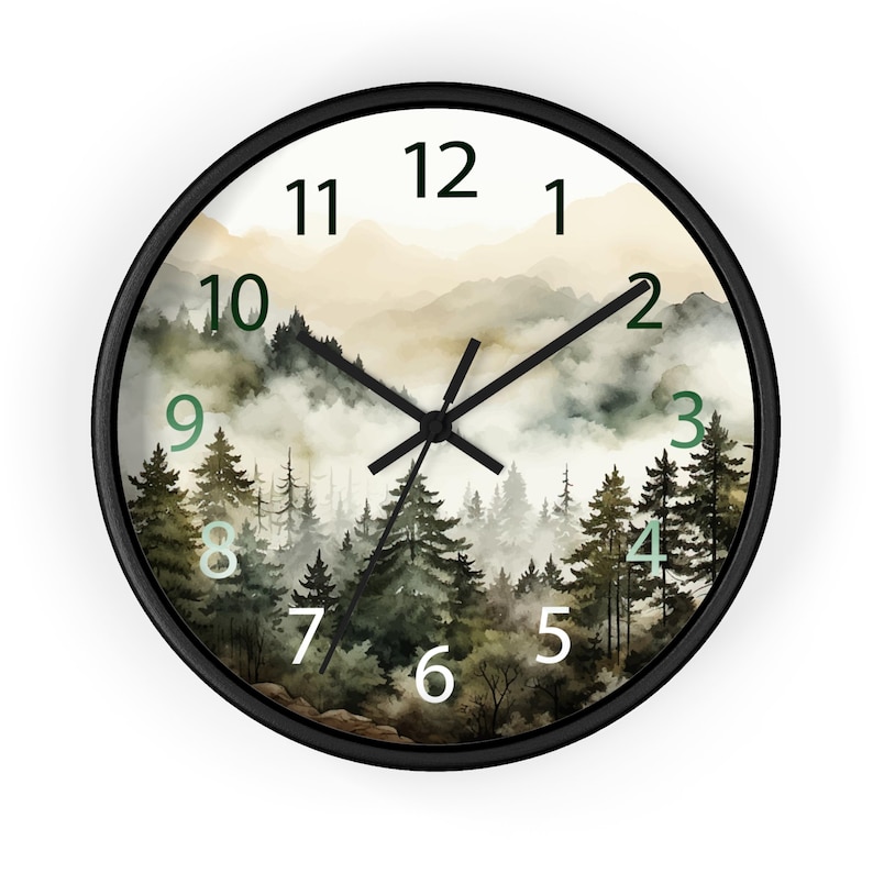Watercolor Pine Trees and Mountains Wall Clock With Numbers, Foggy