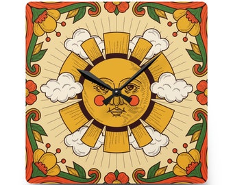 Silent Boho Acrylic Wall Clock | Boho Aesthetic Minimal Clock | Cozy Sun Wall Decor for Bedroom, Dorm, Kids Playroom, Baby Nursery