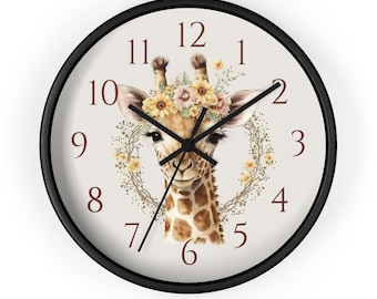 Giraffe Kids Wall Clock, Peakaboo Girfaffe, Nursery Decor, Safari Nursery, Playroom Art, Animal Wall Clock, Jungle Nursery Decor, Floral