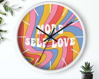 Self Love Wall Clock, Groovy Motivational Bedroom Clock, Personalized Silent Wood Wall Clock, 70's Female Empowerment Hippie Wall Art Decor