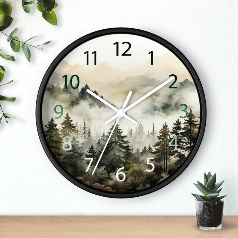 Watercolor Pine Trees and Mountains Wall Clock With Numbers, Foggy Forest Clock, Forest Wall Art, Woodland Theme Decor image 4