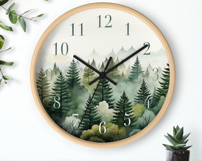Watercolor Pine Trees and Mountains Wall Clock With Numbers, Foggy Forest Clock, Forest Wall Art, Woodland Theme Decor