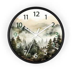 Watercolor Pine Trees and Mountains Wall Clock With Numbers, Foggy Forest Clock, Forest Wall Art, Woodland Theme Decor image 5