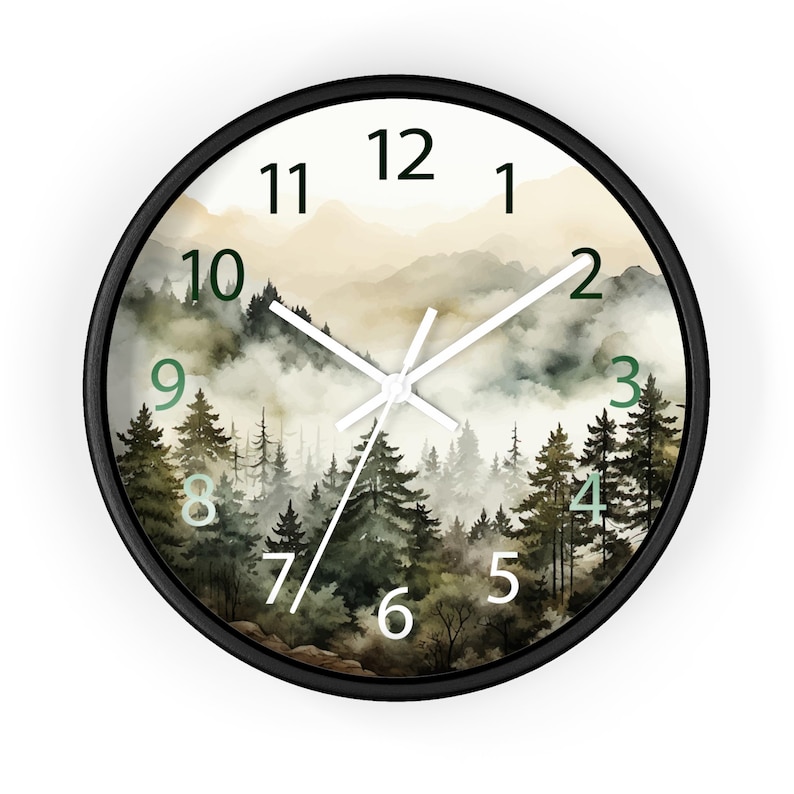 Watercolor Pine Trees and Mountains Wall Clock With Numbers, Foggy Forest Clock, Forest Wall Art, Woodland Theme Decor image 5