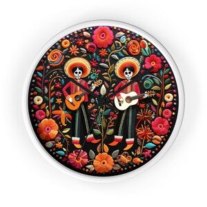 Sugar Skull Wall Clock - Colorful 10&quot; Dia de Los Muertos Clock Skeleton and Calavera Art - House Gift for Mexico and Day Of The Dead Fans