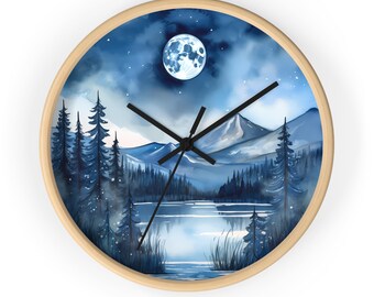 Watercolor Pine Trees and Mountains Wall Clock With Numbers, Foggy Forest Clock, Forest Wall Art, Woodland Theme Decor