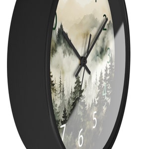 Watercolor Pine Trees and Mountains Wall Clock With Numbers, Foggy Forest Clock, Forest Wall Art, Woodland Theme Decor image 3