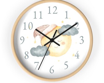 Boho Nursery Wall Clock, Nursery Wall Decor, Clock Wall Kids, Neutral Nursery Clock, Boho Wall Clock, Moon and Clouds