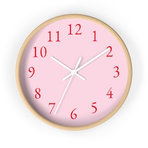 Pink Simple Wall Clock, Large Pink Clock With Red Numbers, Simple and Modern Wall Clock with Numbers