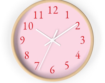 Pink Simple Wall Clock, Large Pink Clock With Red Numbers, Simple and Modern Wall Clock with Numbers